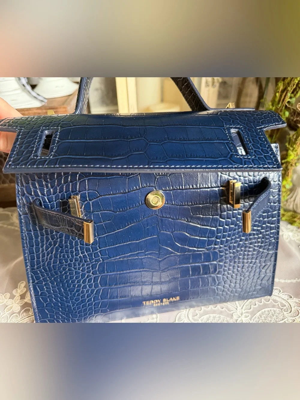 NWOT Teddy Blake Navy Croc-Embossed Leather Top Handle Bag Purse